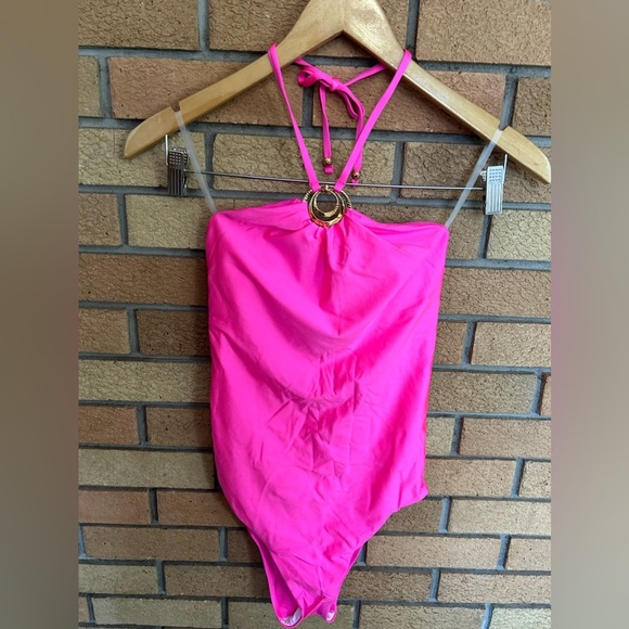 SUNSHINE 79 Sunshine Solids High Neck One Piece Gold Hardware Electric Pink Sz 4 - Picture 3 of 6